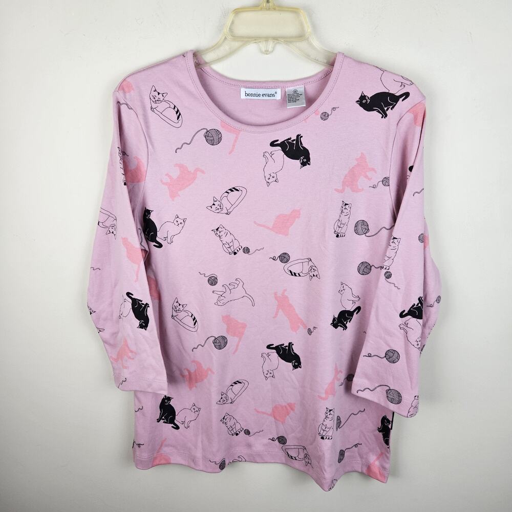 Bonnie Evans Tunic t Shirt Women’s Medium Pink & Black Cat Lover print NWT TEE